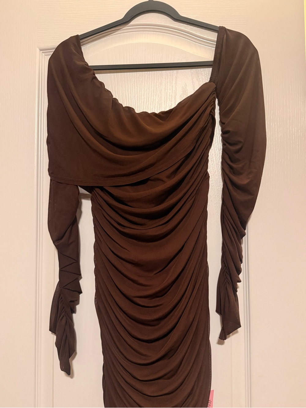 PrettyLittleThing Chocolate Brown Off-Shoulder Ruched Mini Dress - Picture 4 of 5